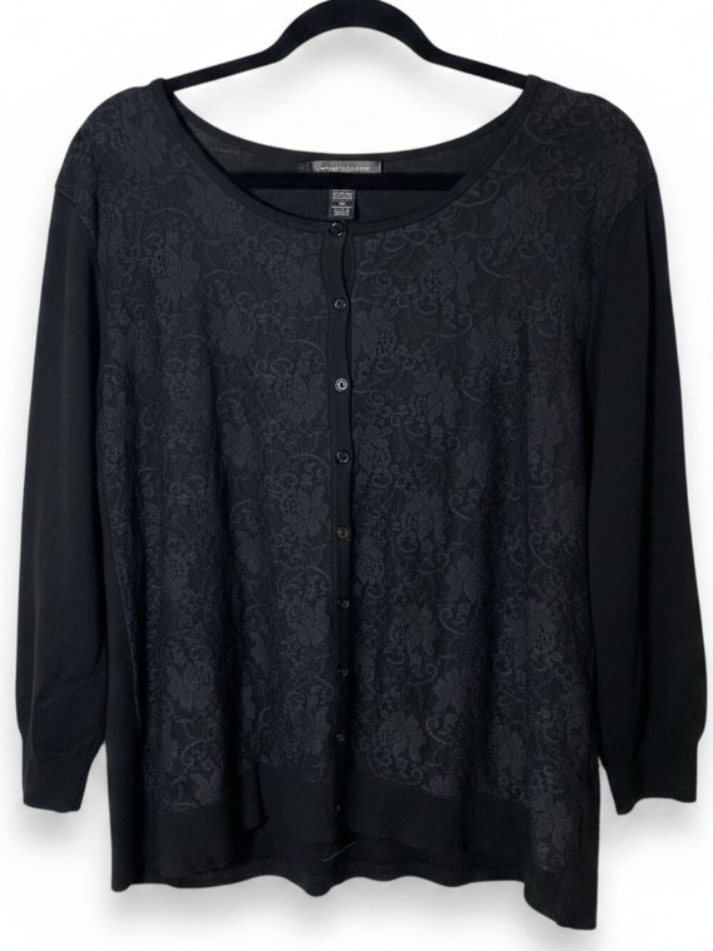 Black Lace Overlay Knit Cardigan Sweater 2X Button Up Rayon Cable & Gauge Woman